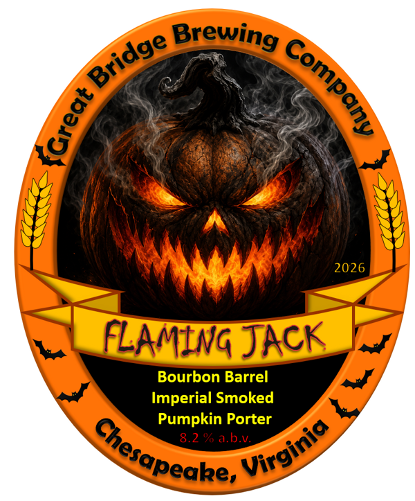 Flaming Jack bourbon barrel imperial smoked pumpkin porter label, 8.2% ABV