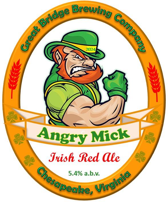 Angry Mick beer label featuring a muscular, scowling leprechaun