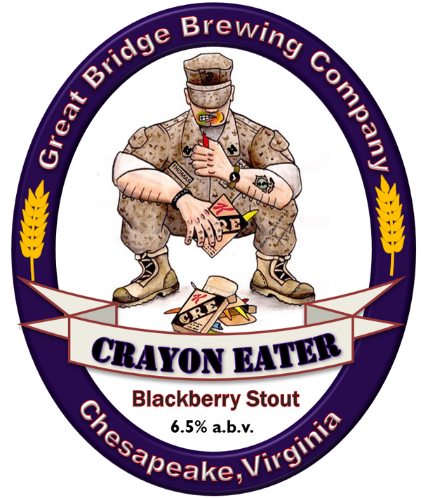 Crayon Eater beer label featuring a Marine snacking on a box of crayons