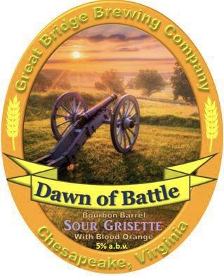 Dawn of Battle beer label featuring a cannon on a battlefield at sunrise