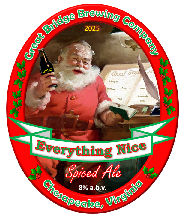 Everything Nice beer label featuring Santa raising a bottle beside his Good Boys and Girls list