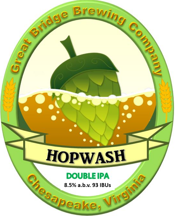 Hopwash beer label featuring a hop cone floating in foamy beer