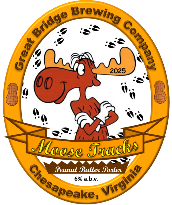Moose Tracks beer label featuring a cartoon moose surrounded by hoof tracks