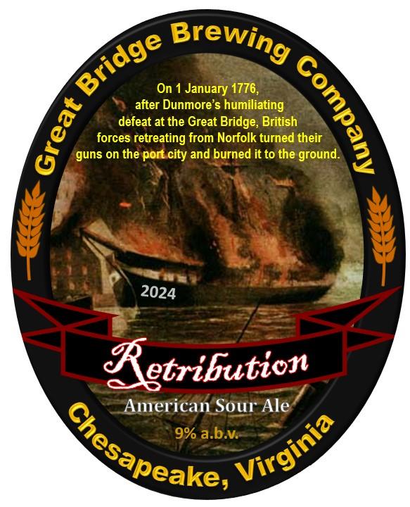 Retribution beer label featuring a burning ship from the 1776 burning of Norfolk