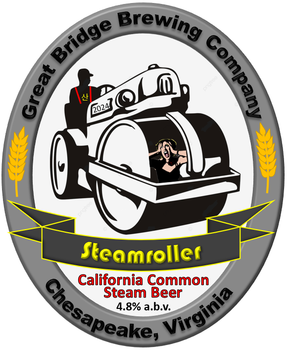 Steamroller beer label featuring a steamroller rolling over a screaming woman